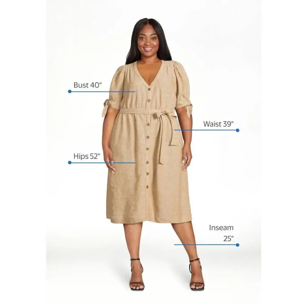 NWT Time and Tru Plus Size XXXL V-Neck Puff Sleeve Linen Blend Midi Dress
